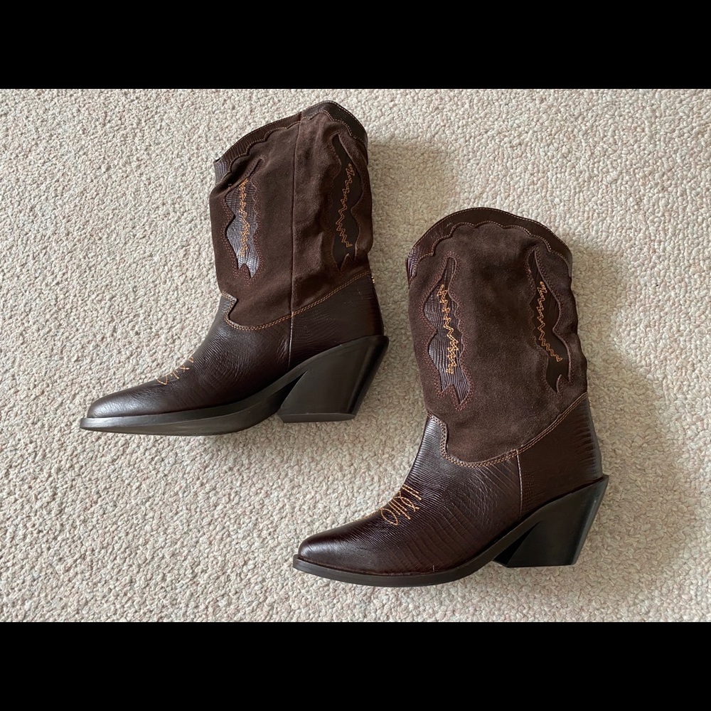 Sam Edelman Kitty Western Heel Boots Leather Brown
